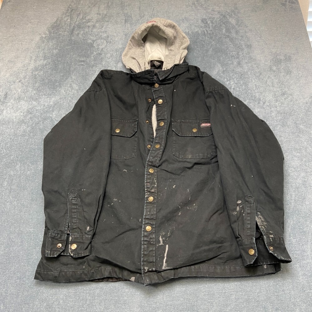 Dickies Duck Canvas Shirt Jacket Mens Large Black Cotton Button Front Hooded